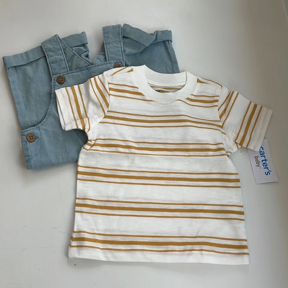 NWT Carter’s Baby Boy Chambray Shortalls & Striped Tee Set 12M